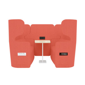 Raum in Raum Lösung Vivo | Viersitzer | Mit weißem Anstelltisch und Tischoberfläche in Eiche-Dekor | Hohe Rückenlehne | 2 Seitentaschen und 2 USB