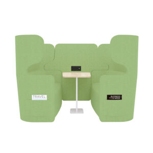 Raum in Raum Lösung Vivo | Viersitzer | Mit weißem Anstelltisch und Tischoberfläche in Eiche-Dekor | Hohe Rückenlehne | 2 Seitentaschen und 2 USB