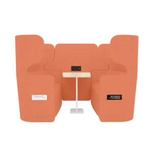 Raum in Raum Lösung Vivo | Viersitzer | Mit weißem Anstelltisch und Tischoberfläche in Eiche-Dekor | Hohe Rückenlehne | 2 Seitentaschen und 2 USB